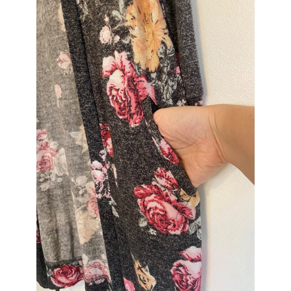 Floral Gray Longline Cardigan With Hoodie & Pockets By No Boundaries Size M - Picture 3 of 5